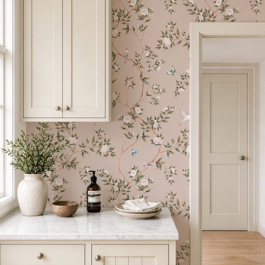 Kitchen pantry with vase cabinets and white door featuring Pink Chinoiserie Hemma Wallpaper Floral Garden Birds accent wall