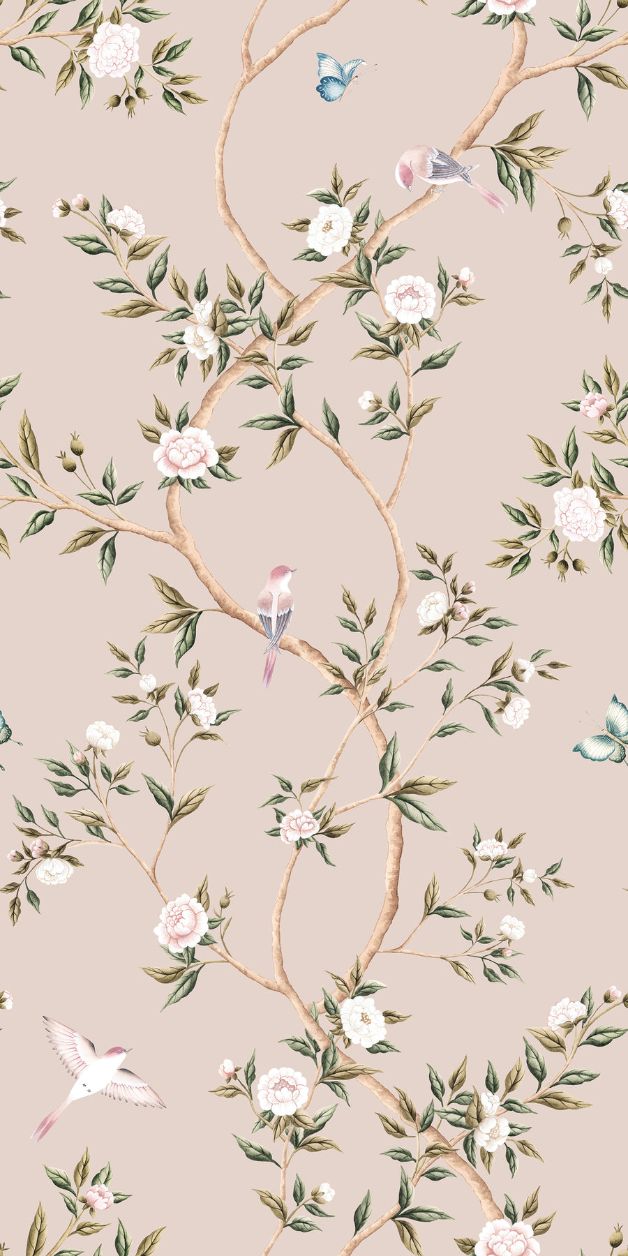 Pink Chinoiserie Hemma Wallpaper Floral Garden Birds repeating pattern swatch 24W x 48H