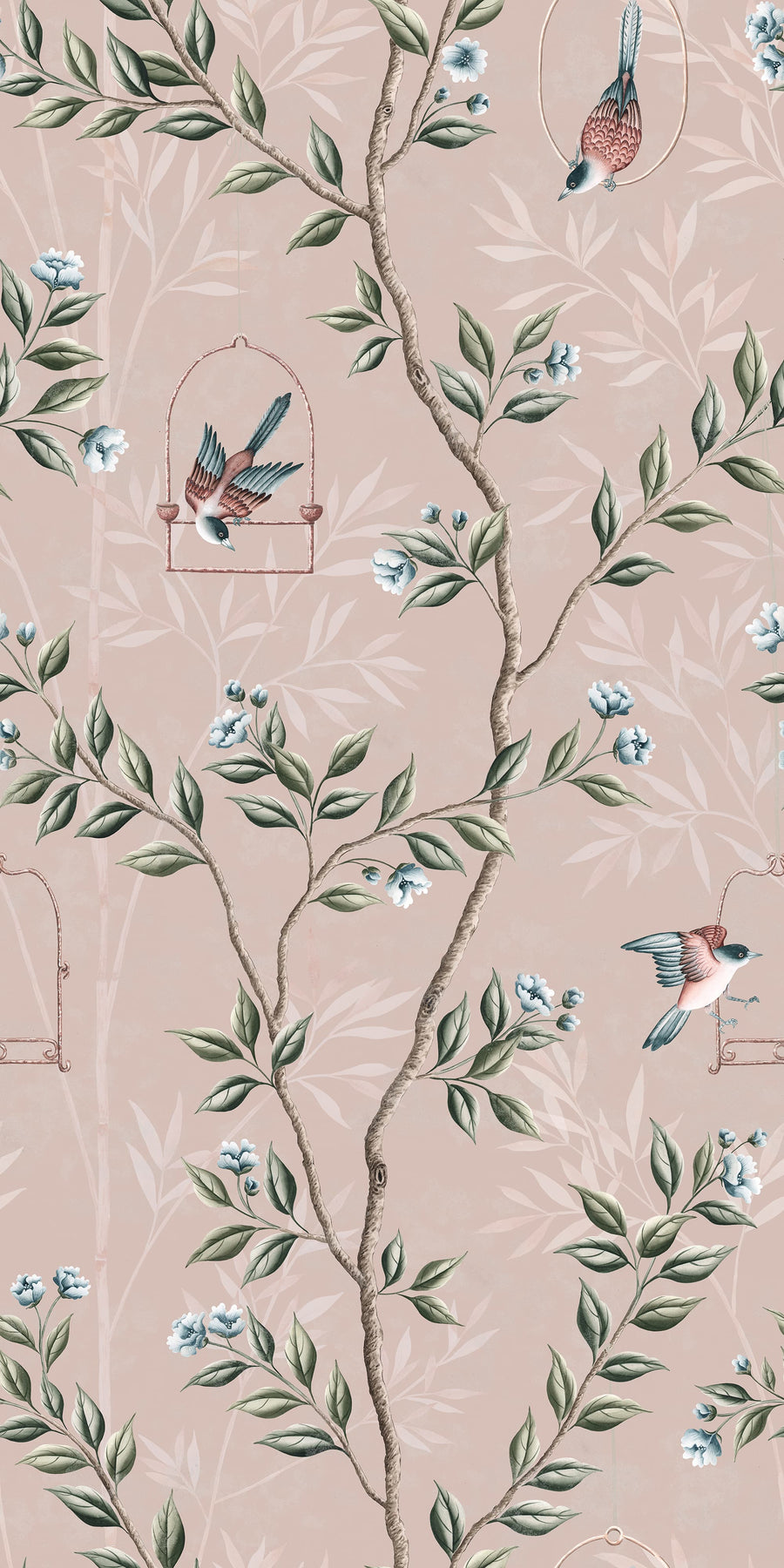 Pink Chinoiserie Pauline Wallpaper Birds Branches repeating pattern swatch 24W x 48H