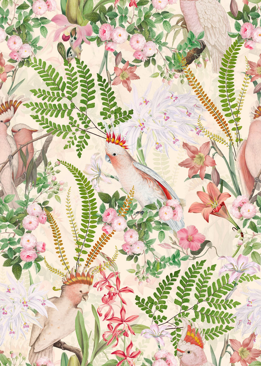 Pink parrots and green fern tropical wallpaper pattern with roses, lilies and orchids on cream