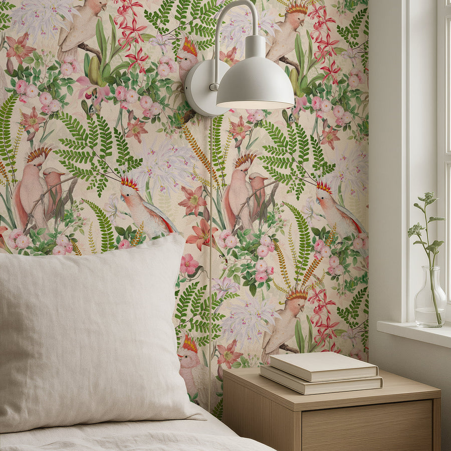 Pink parrots and green fern tropical wallpaper in a window seat nook