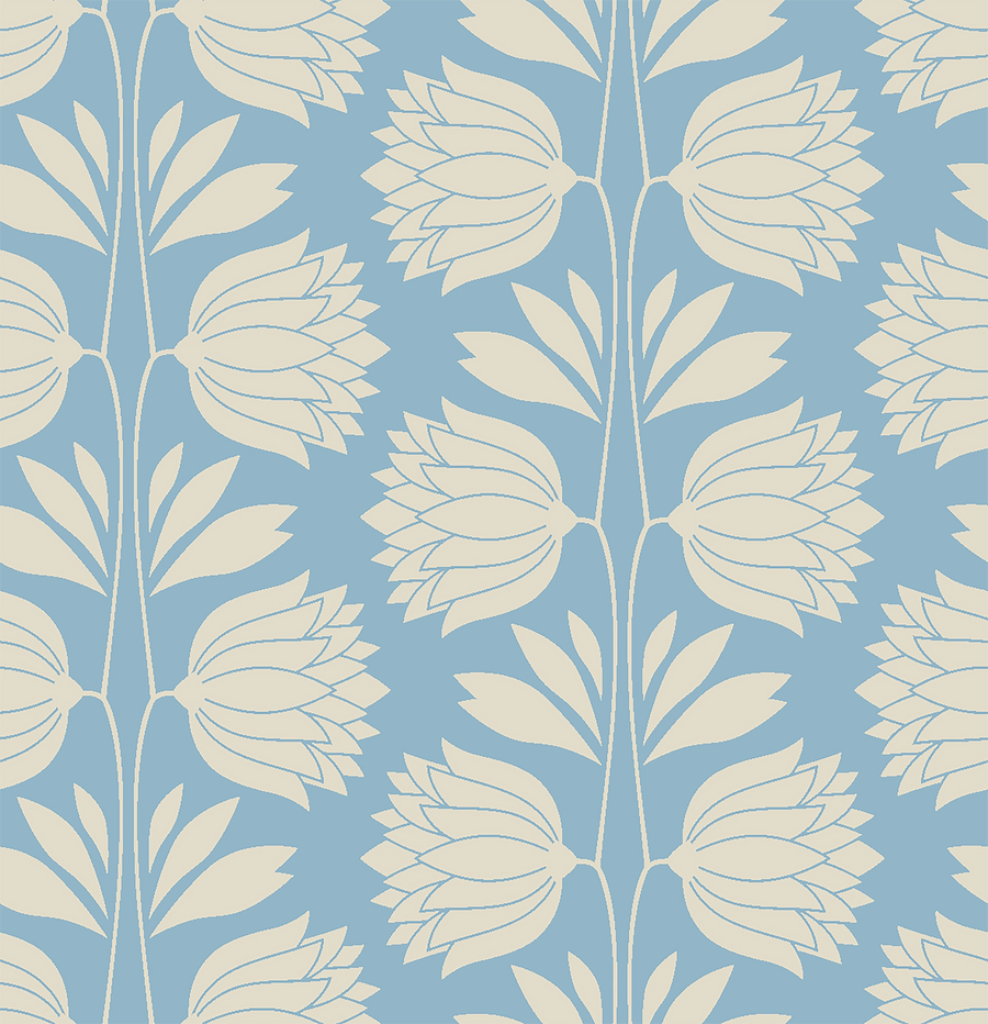Blue Floral Vintage Wallpaper – Elegant Cream Flower Pattern