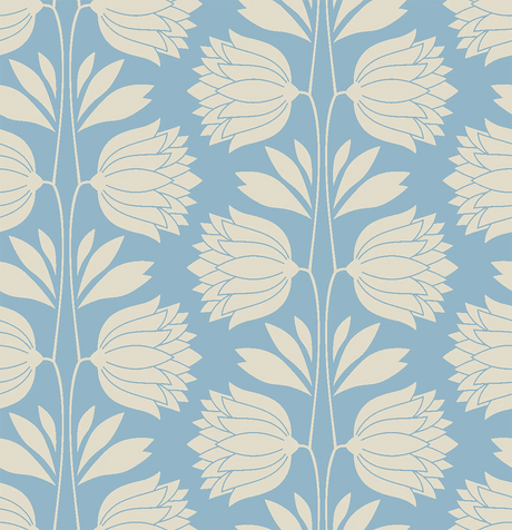 Blue Floral Vintage Wallpaper - Elegant Cream Flower Pattern