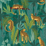 Tropical Leopard Jungle Wallpaper – Bold Leaves & Leopard Print on Green Background