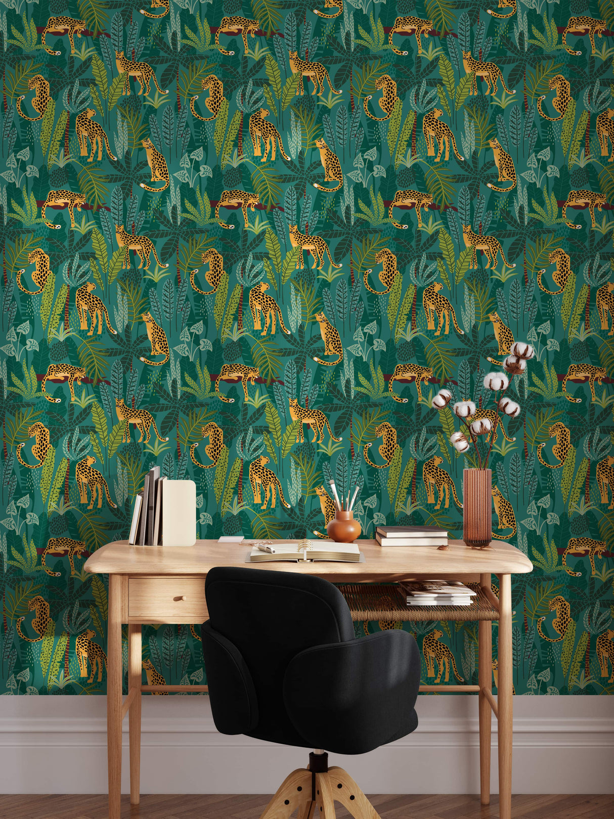 Tropical Leopard Jungle Wallpaper – Bold Leaves & Leopard Print on Green Background