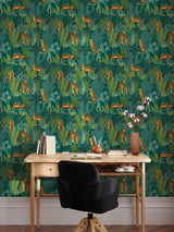Tropical Leopard Jungle Wallpaper – Bold Leaves & Leopard Print on Green Background