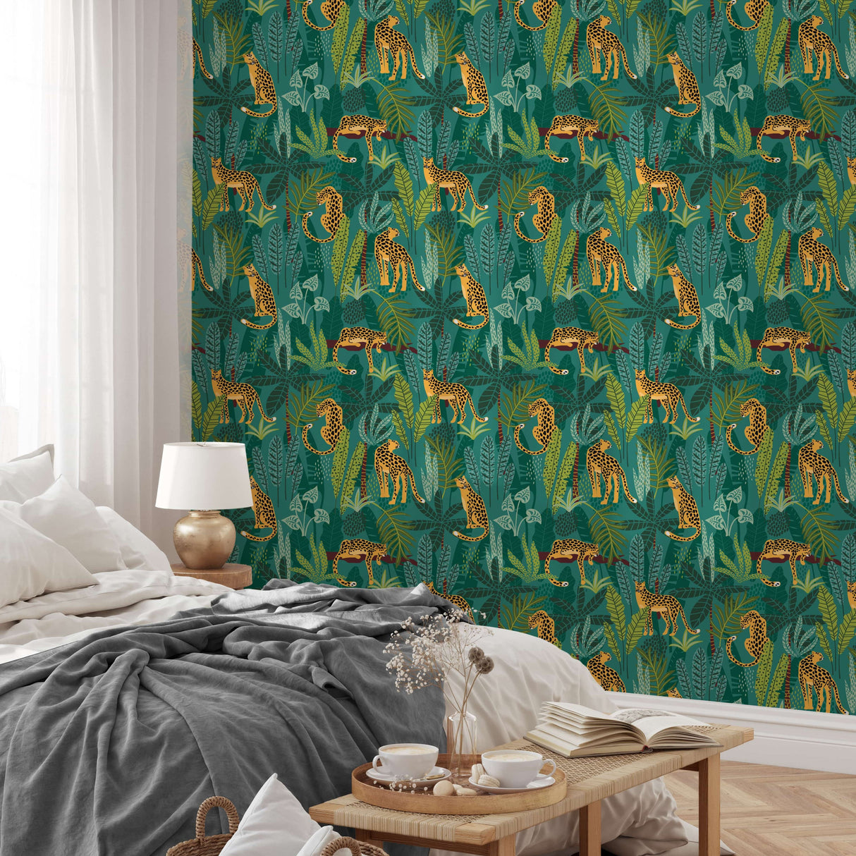 Tropical Leopard Jungle Wallpaper – Bold Leaves & Leopard Print on Green Background