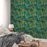Tropical Leopard Jungle Wallpaper – Bold Leaves & Leopard Print on Green Background
