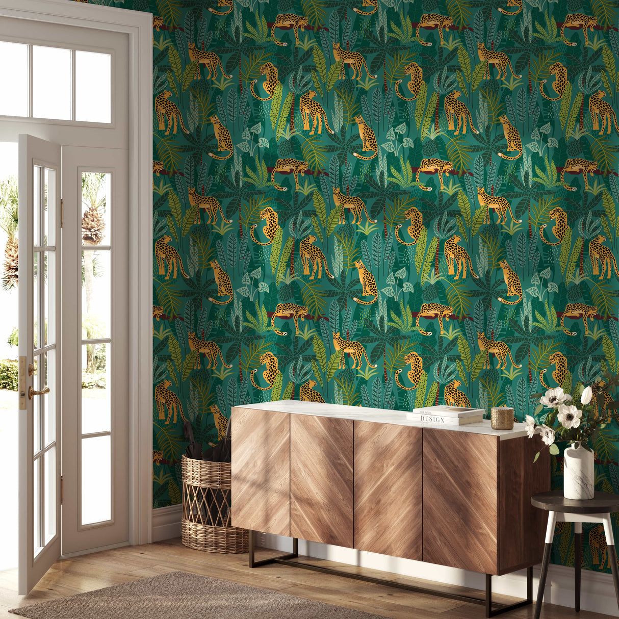 Tropical Leopard Jungle Wallpaper – Bold Leaves & Leopard Print on Green Background