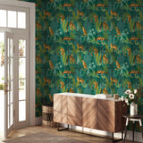 Tropical Leopard Jungle Wallpaper – Bold Leaves & Leopard Print on Green Background