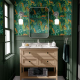 Tropical Leopard Jungle Wallpaper – Bold Leaves & Leopard Print on Green Background