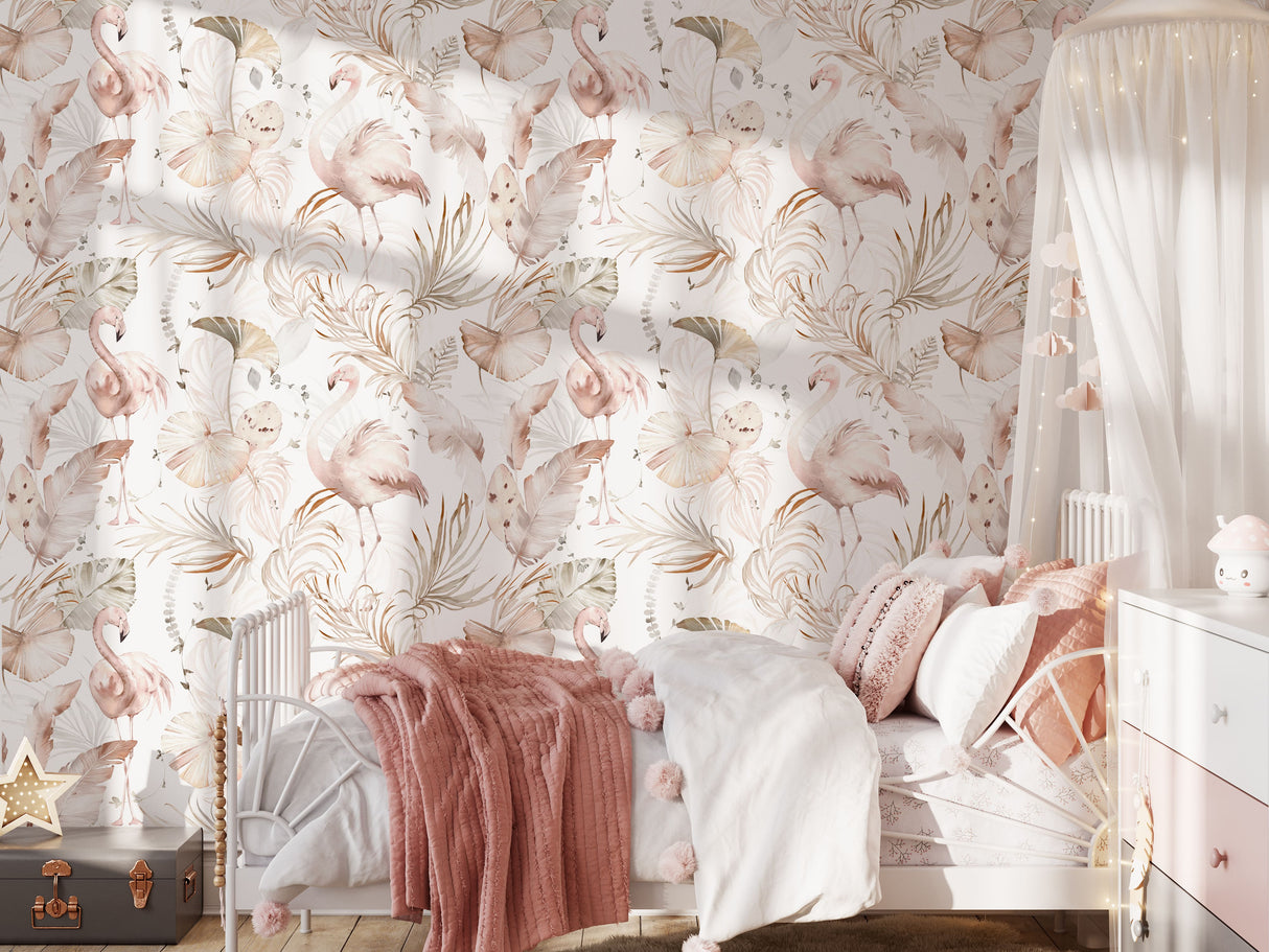 Watercolor Pink Flamingo Wallpaper | Tropical Leaves Background