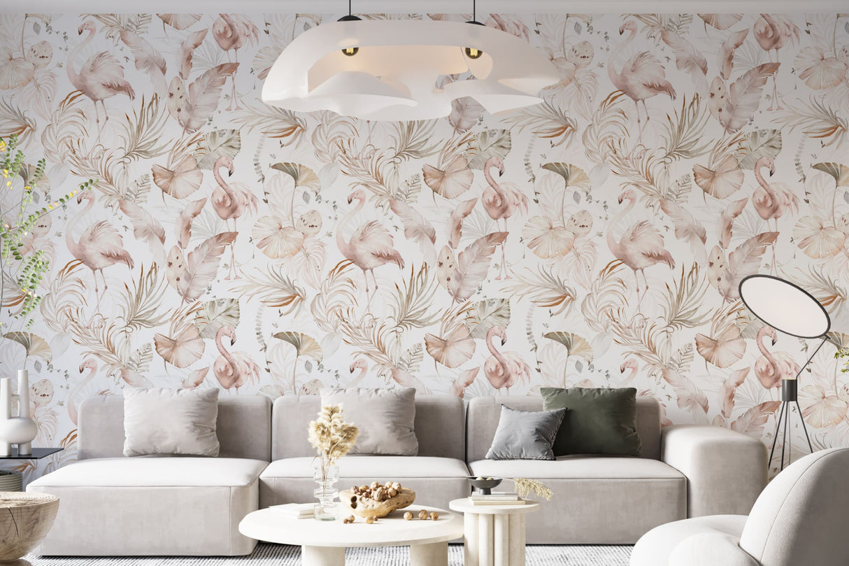 Watercolor Pink Flamingo Wallpaper | Tropical Leaves Background
