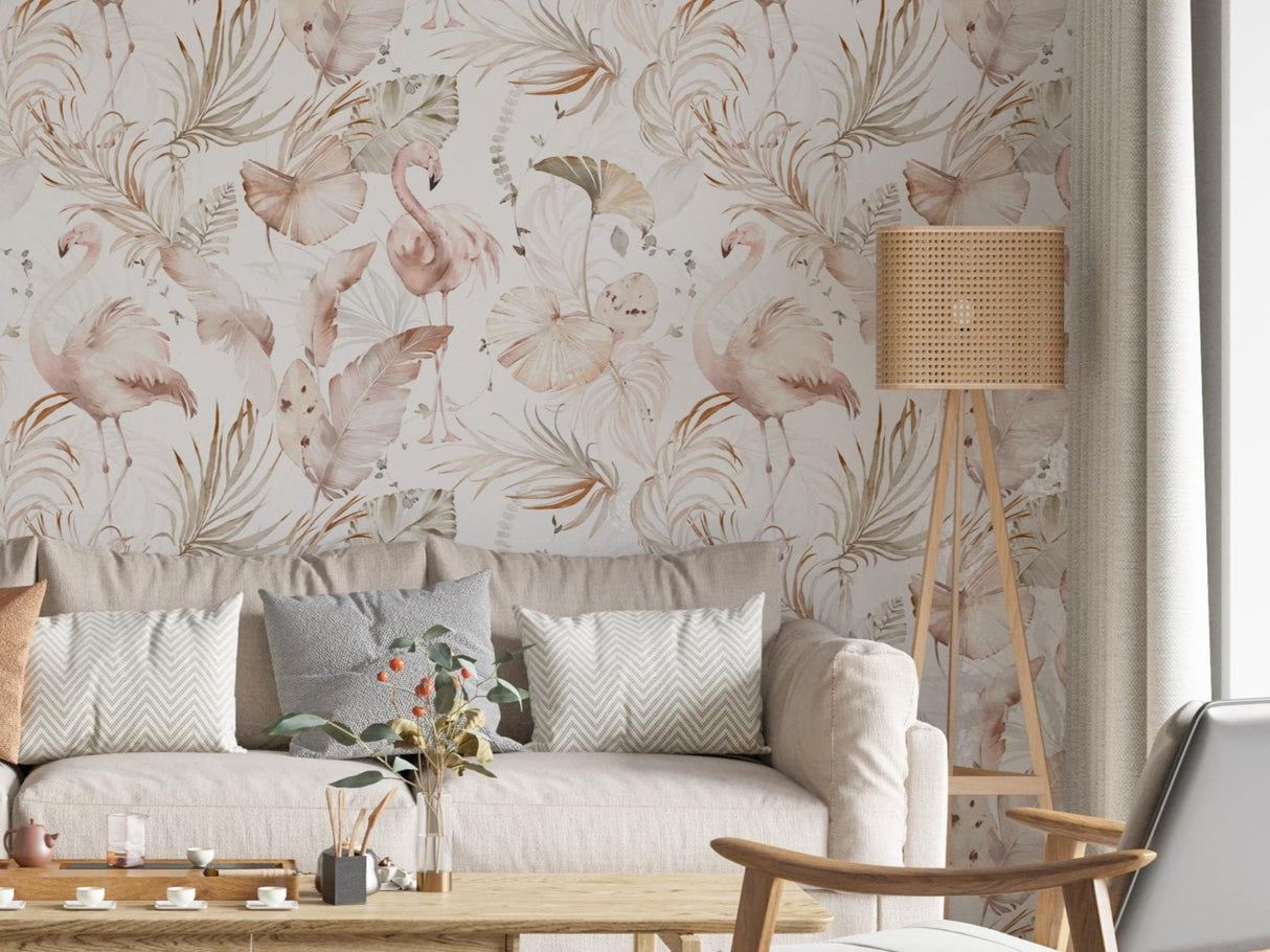 Watercolor Pink Flamingo Wallpaper | Tropical Leaves Background