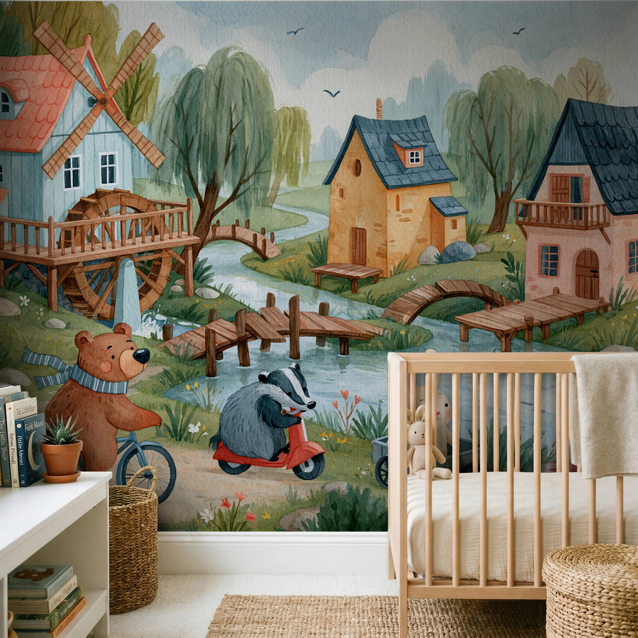 Village animals nursery wall mural with a windmill and river behind a wooden crib