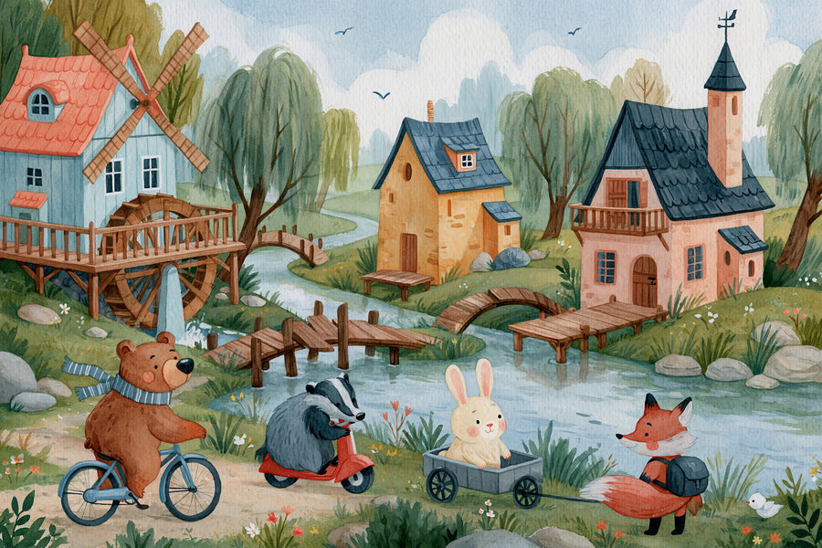 Full watercolor storybook village mural with a windmill and water wheel, river bridges, cottages, and a bear on a bicycle with a badger, bunny and fox