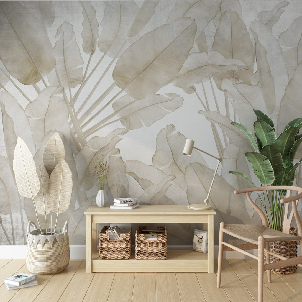 Tropical Leaf Wallpaper Mural - Neutral Tones Wall Mural