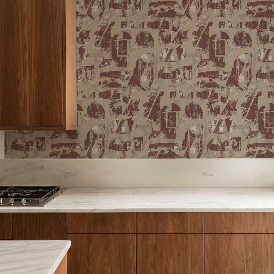 Close-up detail of Urban Collage Typography Wallpaper showing deconstructed letters in burgundy and taupe