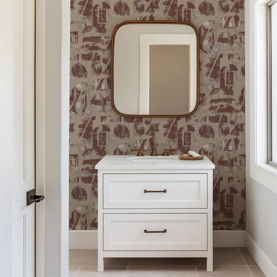 Modern interior with Urban Collage Typography Wallpaper Burgundy Taupe by Petra Kohlmayr