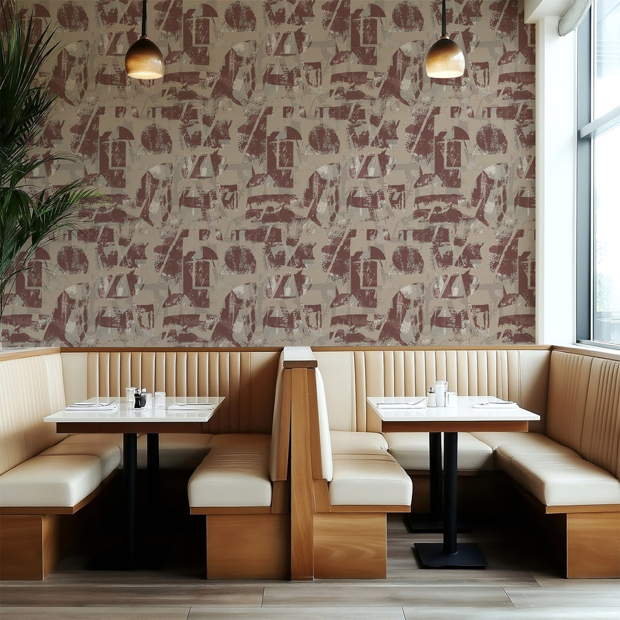 Stylish interior with Urban Collage Typography Wallpaper Burgundy Taupe accent wall