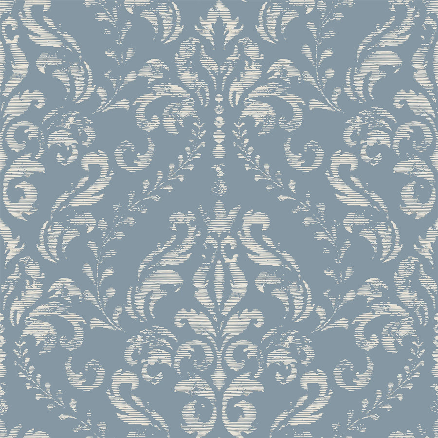 Vintage blue damask wallpaper pattern in cream on dusty blue with faded brush-stroke texture