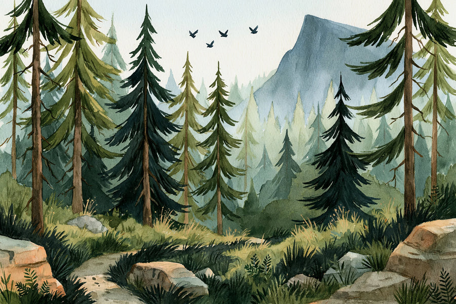 Full watercolor mountain forest mural with layered pine trees, a slate blue peak, sandstone rocks and flying birds