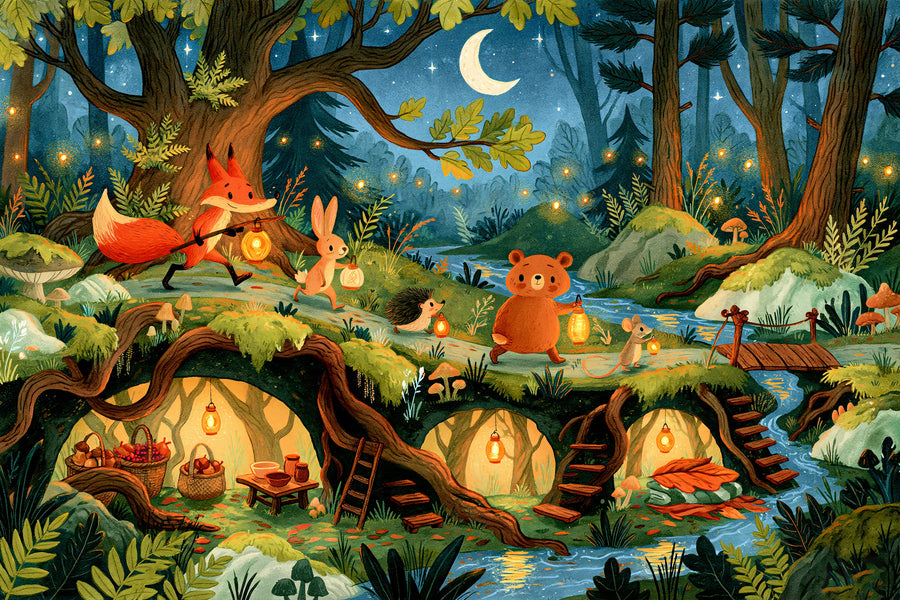 Full whimsical forest animals mural with lantern-carrying woodland animals, a crescent moon, fireflies and lamp-lit dens under tree roots
