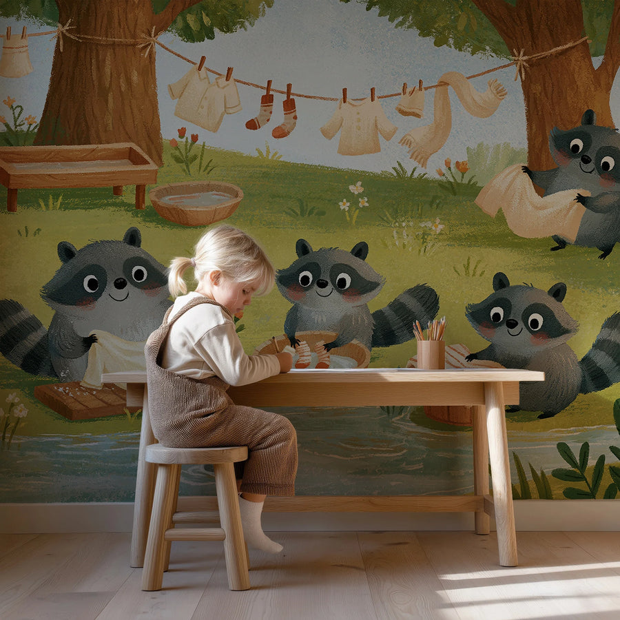 Cute raccoon forest wall mural behind a child drawing at a wooden desk