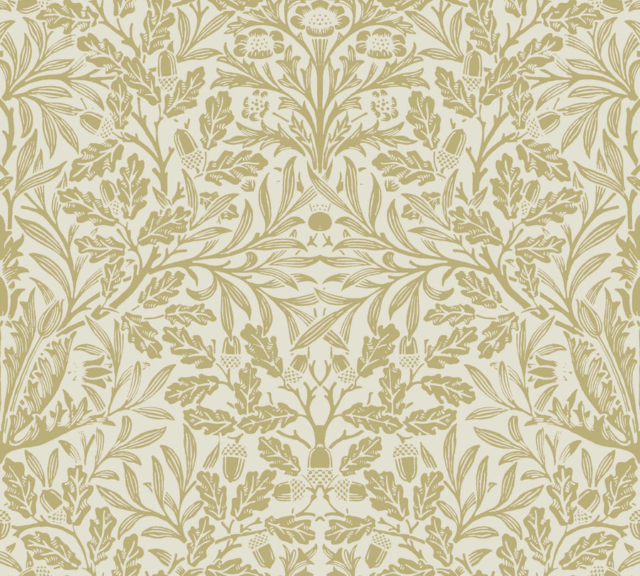 William Morris Acorn green wallpaper pattern with olive oak leaves and acorns on cream
