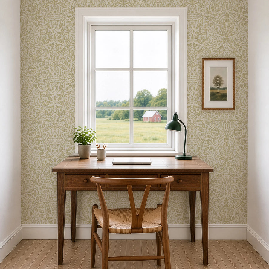 William Morris Acorn green wallpaper in a study behind a wood desk and window