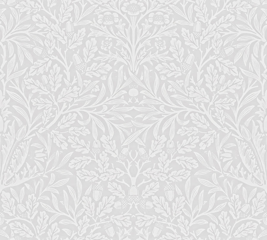William Morris Acorn grey wallpaper pattern with oak leaves and acorns in tone-on-tone grey and white