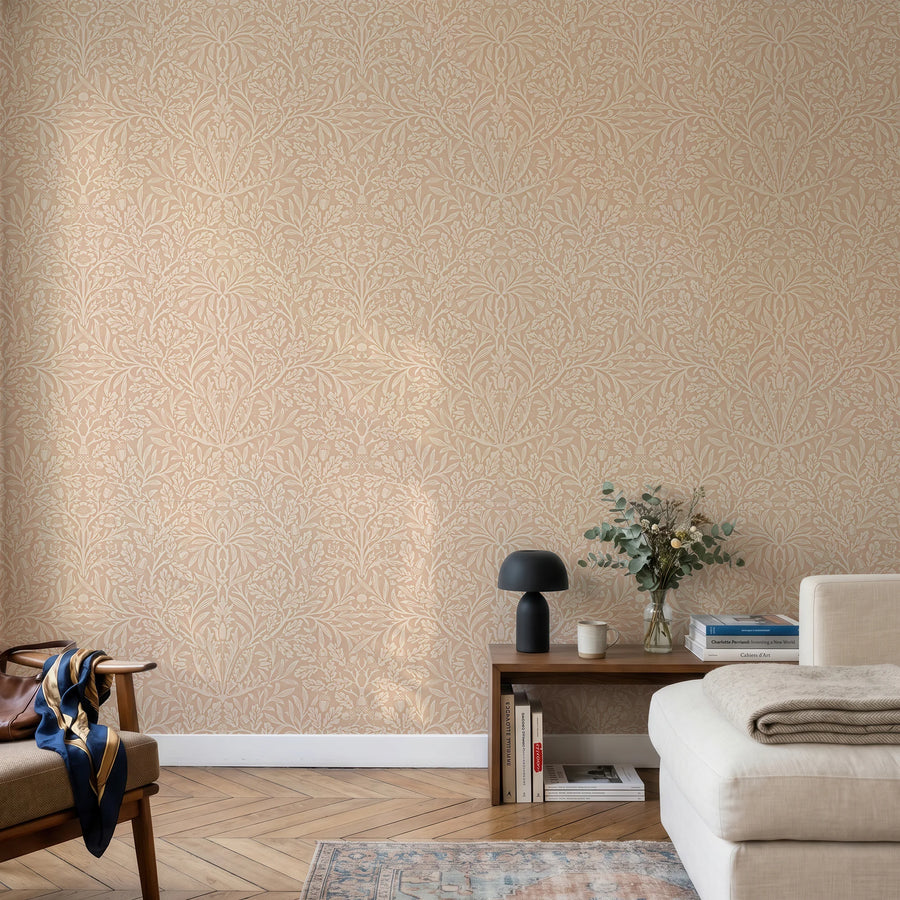 William Morris Acorn terracotta wallpaper in a living room with a cream sofa