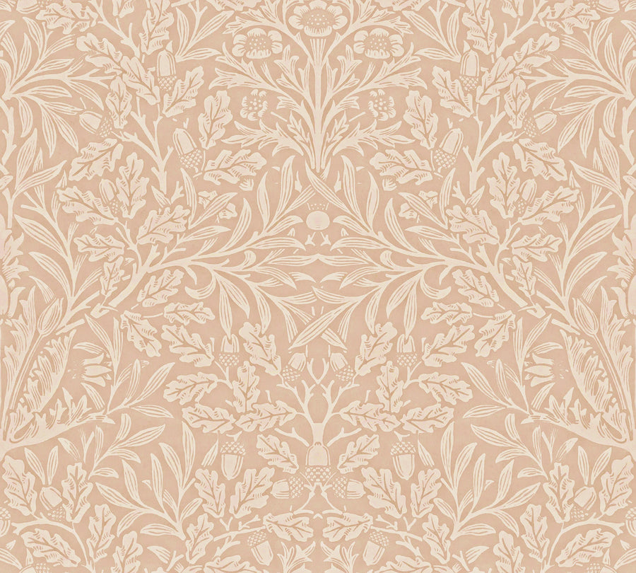 William Morris Acorn terracotta wallpaper pattern with oak leaves and acorns on cream