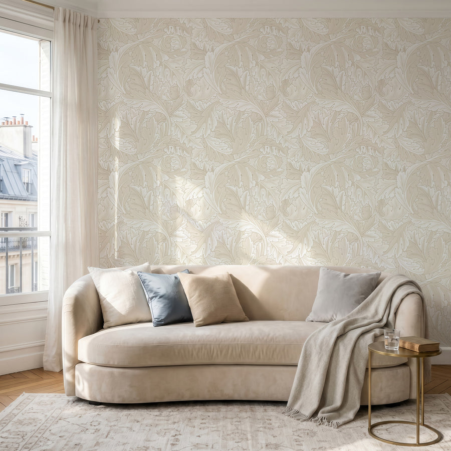 Beige Acanthus William Morris wallpaper in a sitting room behind a cream sofa