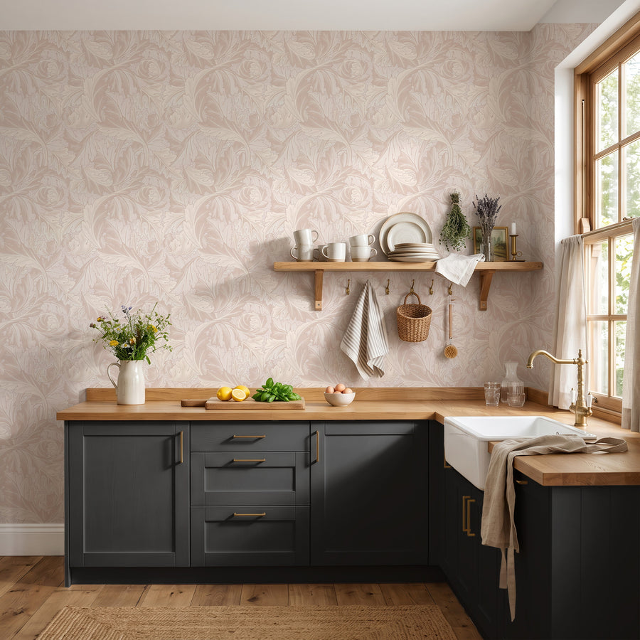 Blush pink Acanthus William Morris wallpaper in a kitchen with dark cabinets