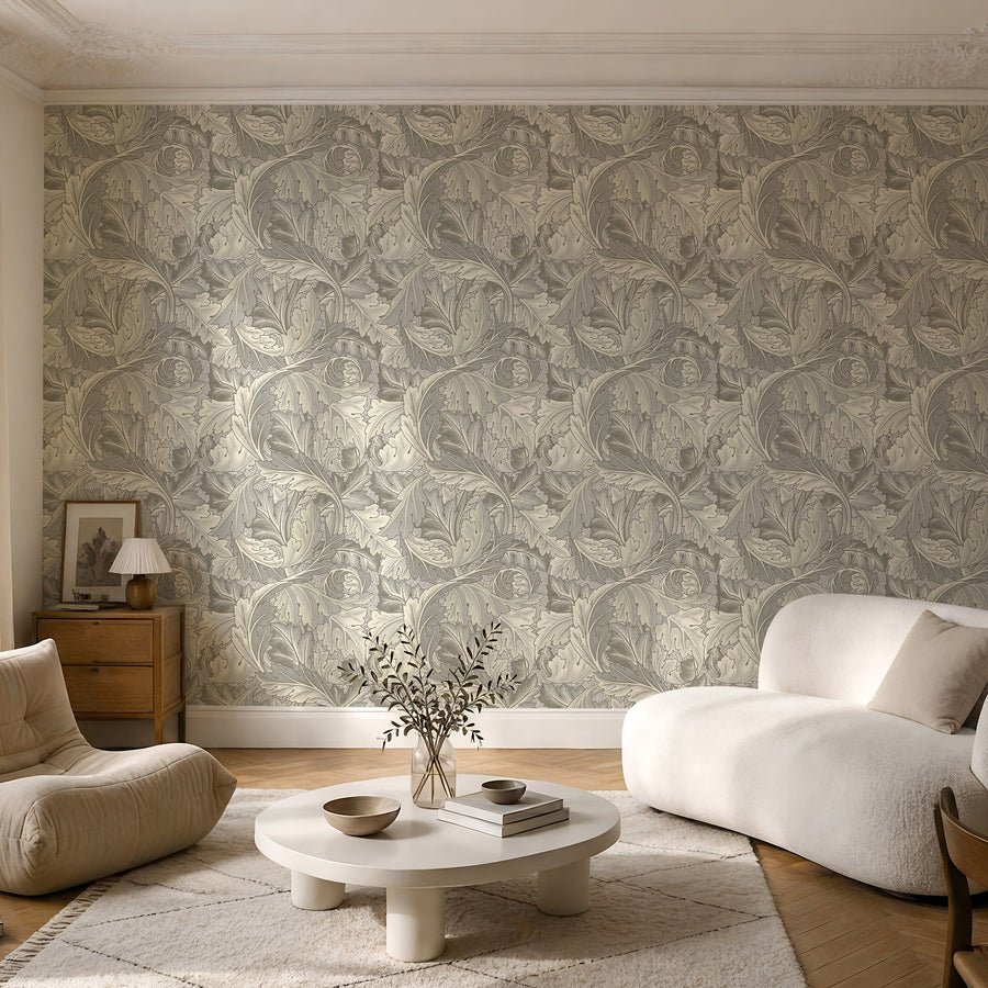 Gray Acanthus William Morris wallpaper in a living room with a cream boucle sofa