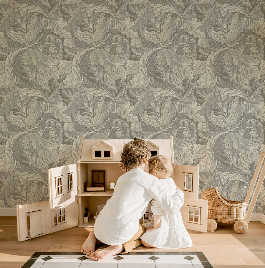 Gray Acanthus William Morris wallpaper in a playroom with a wood play kitchen