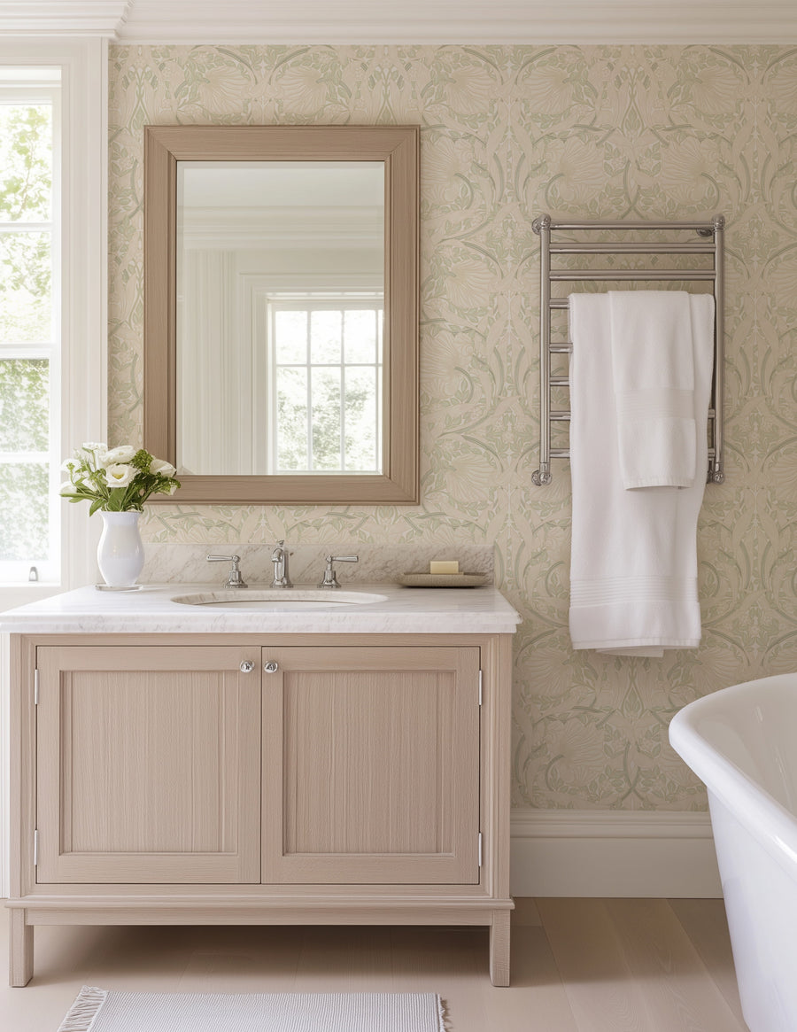 William Morris Pimpernel wallpaper in a bathroom with vanity and mirror
