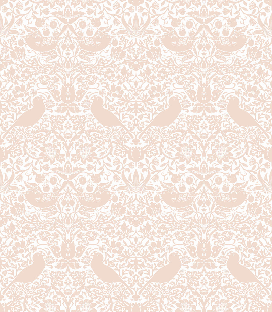William Morris Strawberry Thief blush pink tone-on-tone wallpaper pattern with birds and strawberries