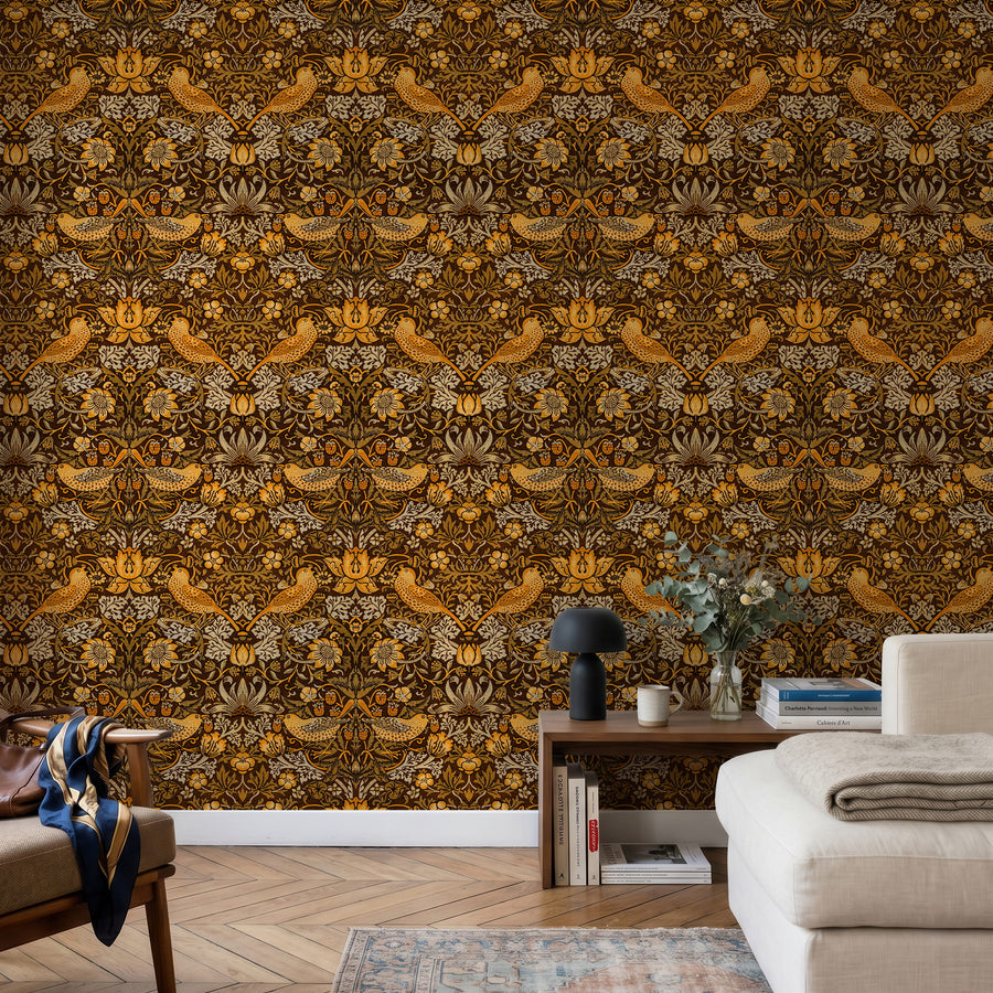 William Morris Strawberry Thief brown wallpaper in a living room with a cream sofa