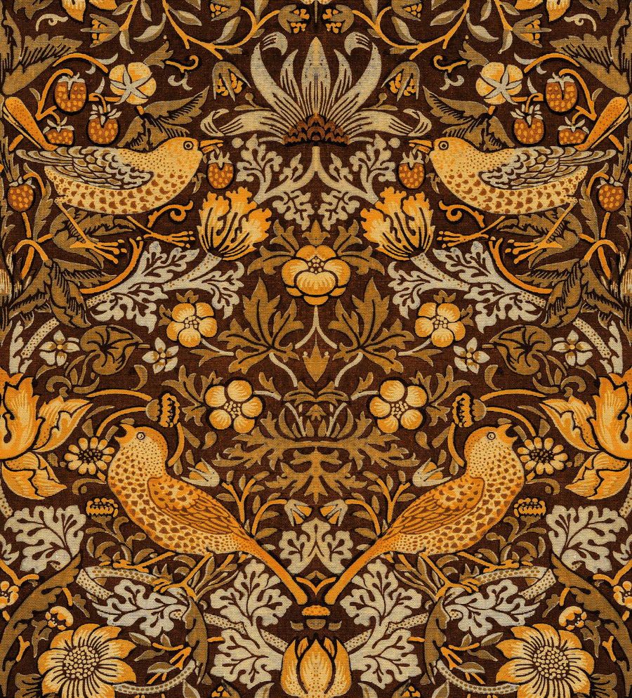 William Morris Strawberry Thief brown and gold wallpaper pattern with thrushes, strawberries and flowers