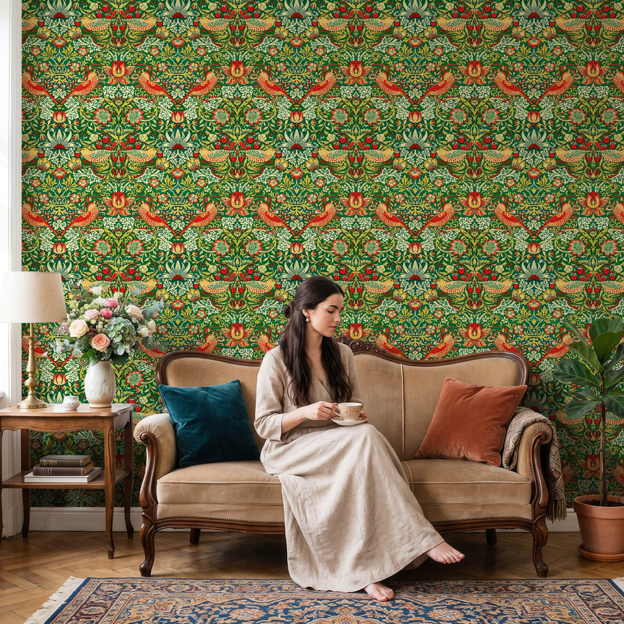 William Morris Strawberry Thief green wallpaper in a sitting room with an antique settee
