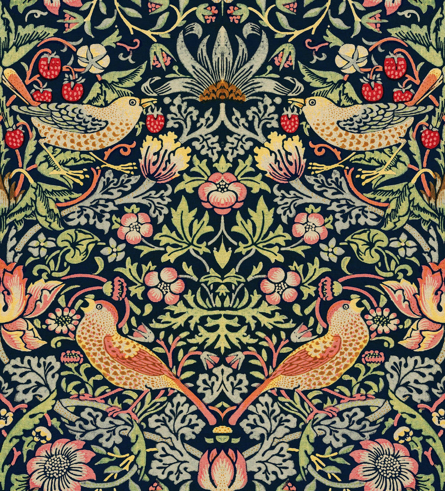 William Morris Strawberry Thief indigo wallpaper pattern with multicolor birds, strawberries and flowers