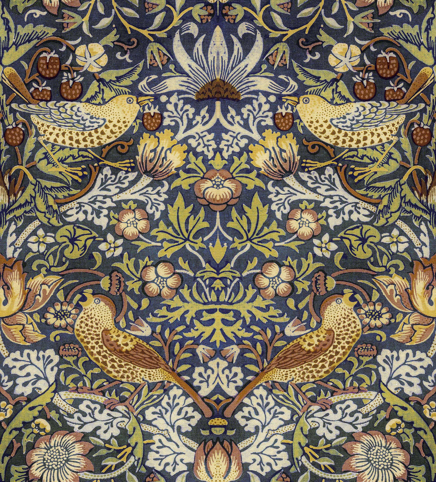 William Morris Strawberry Thief navy wallpaper pattern with thrushes, strawberries and flowers