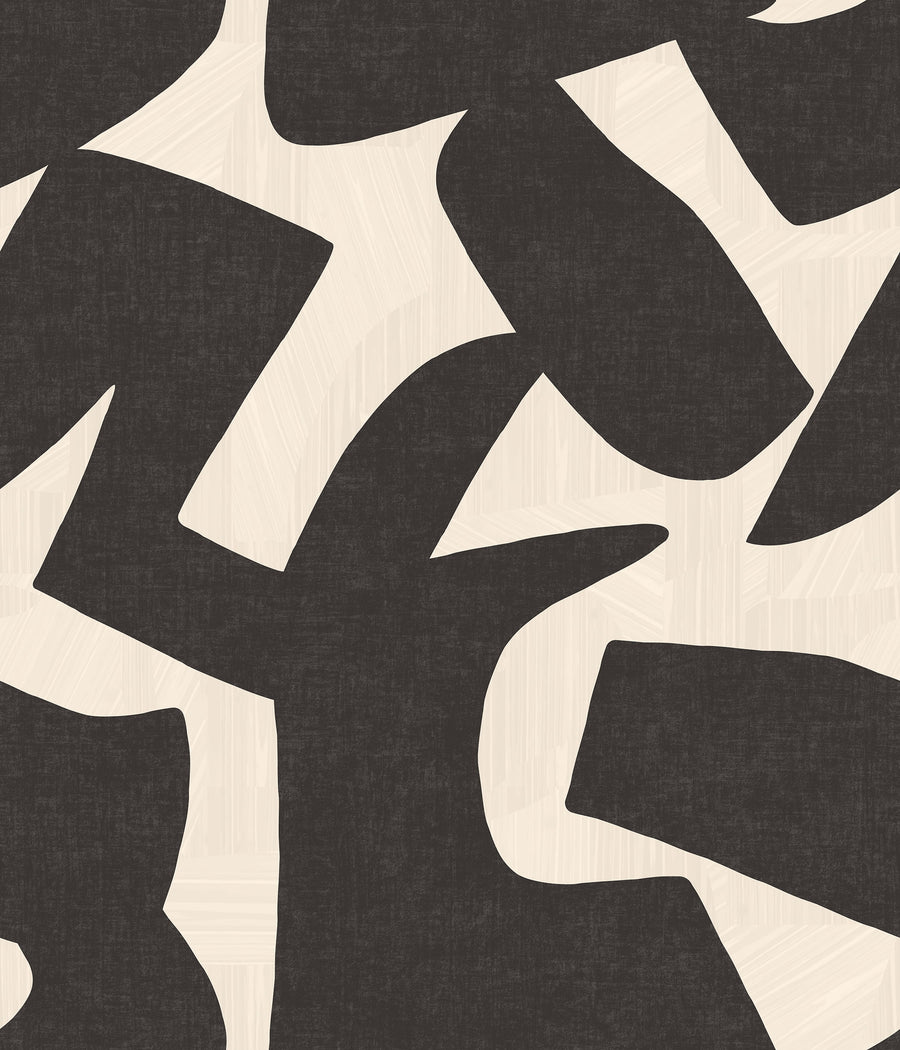 Woodland Intarsia black and cream textured wallpaper pattern repeat showing bold biomorphic cutout shapes on charcoal linen-weave ground