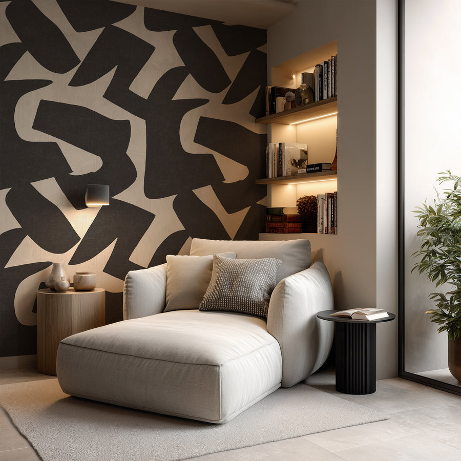 Woodland Intarsia black and cream abstract cutout wallpaper styled in a contemporary interior