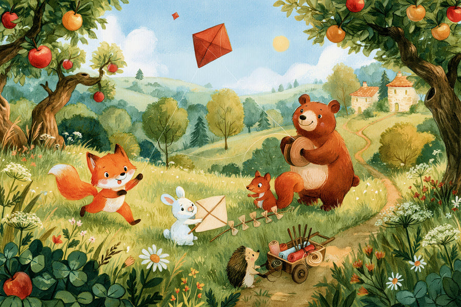 Full watercolor woodland mural by Uta Naumann with a fox, bear, bunny, squirrel and hedgehog flying kites beneath apple trees