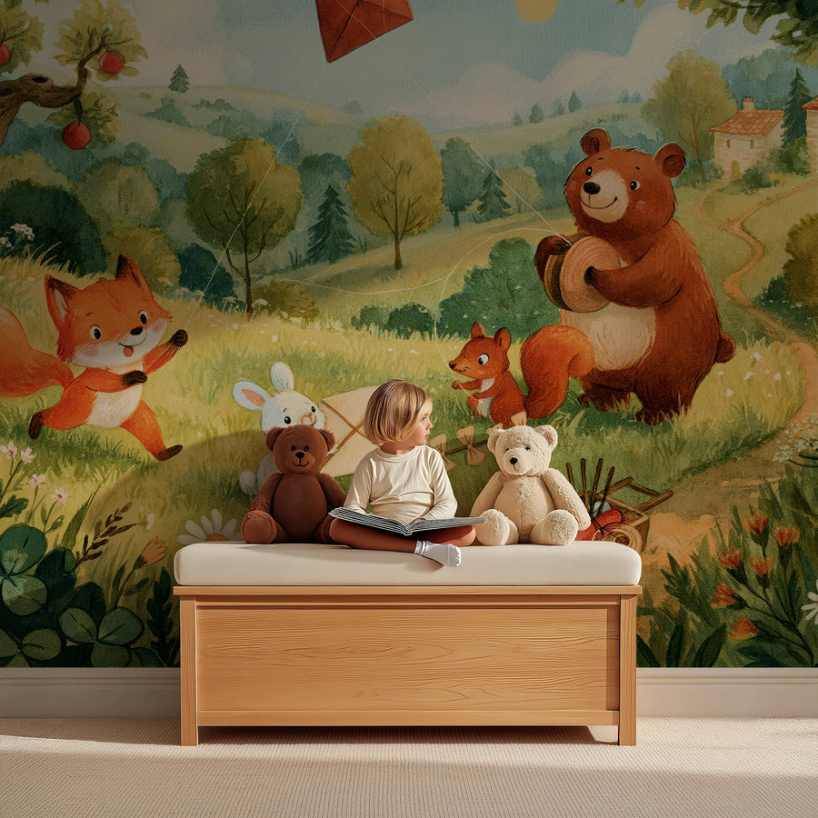 Fox and bear woodland mural with apple trees behind a child reading on a wooden toy bench