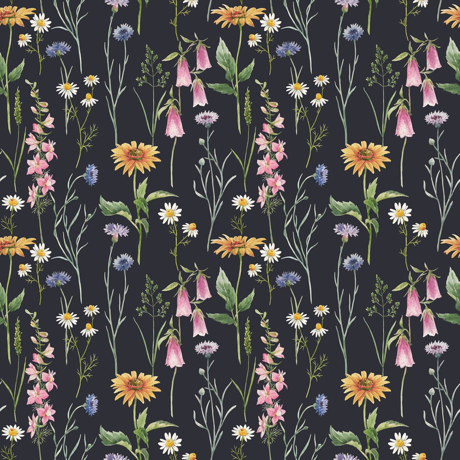 Hand drawn watercolor gentle wild field flowers on the dark background Wallpaper Peel and Stick Removable Wallpaper EazzyWalls Sample: 6''W x 9''H Smooth Vinyl 