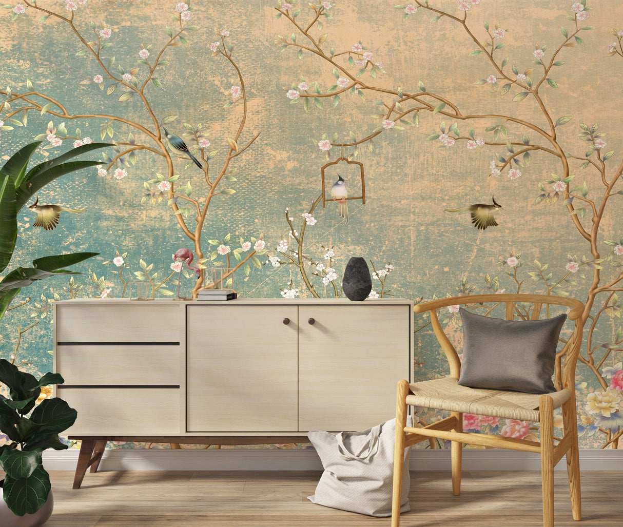 Vintage Florals on grunge Wallpaper Removable Wallpaper EazzyWalls 